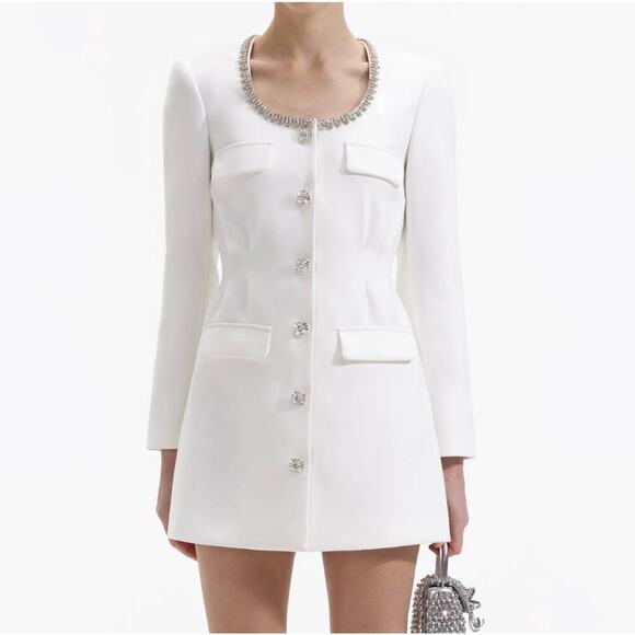 NEW NWT Self Portrait White Crepe Diamante Trim Mini Dress size 4 Small - Picture 1 of 10